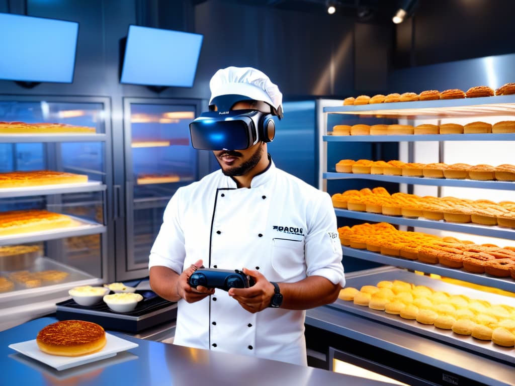  A photorealistic image depicting a professional pastry chef wearing a virtual reality headset, surrounded by a futuristic kitchen with holographic recipe displays and interactive digital tools floating around. The chef is seen creating intricate desserts with precision and creativity, showcasing the innovative use of virtual reality technology in the culinary world. Vivid colors, detailed textures, and advanced kitchen equipment complete the scene, emphasizing the concept of using VR for innovative pastry making. hyperrealistic, full body, detailed clothing, highly detailed, cinematic lighting, stunningly beautiful, intricate, sharp focus, f/1. 8, 85mm, (centered image composition), (professionally color graded), ((bright soft diffused light)), volumetric fog, trending on instagram, trending on tumblr, HDR 4K, 8K