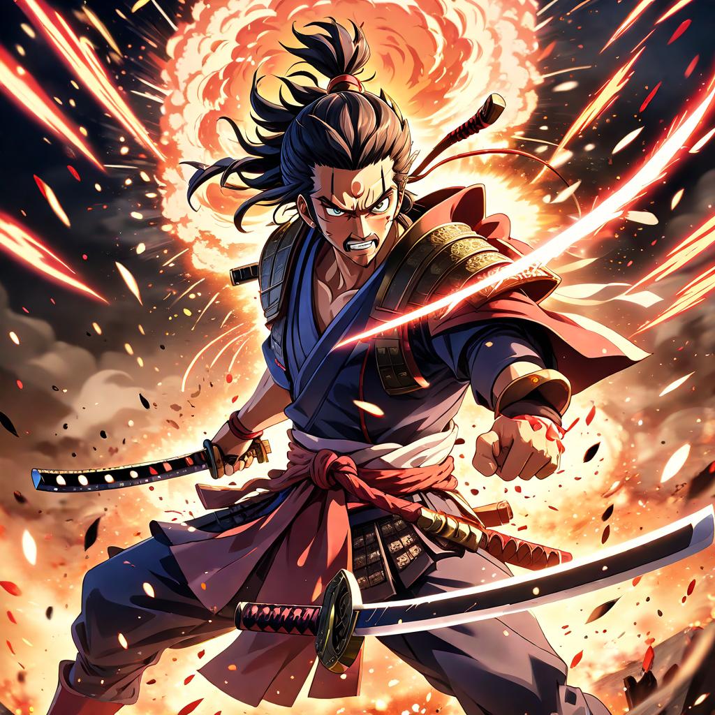  anime style artwork, (masterpiece:1.1), (highest quality:1.1), the legendary samurai, epic schene and effects, lights and explosions, dynamic pose, action schene, anime style, key visual, vibrant, studio anime, highly detailed