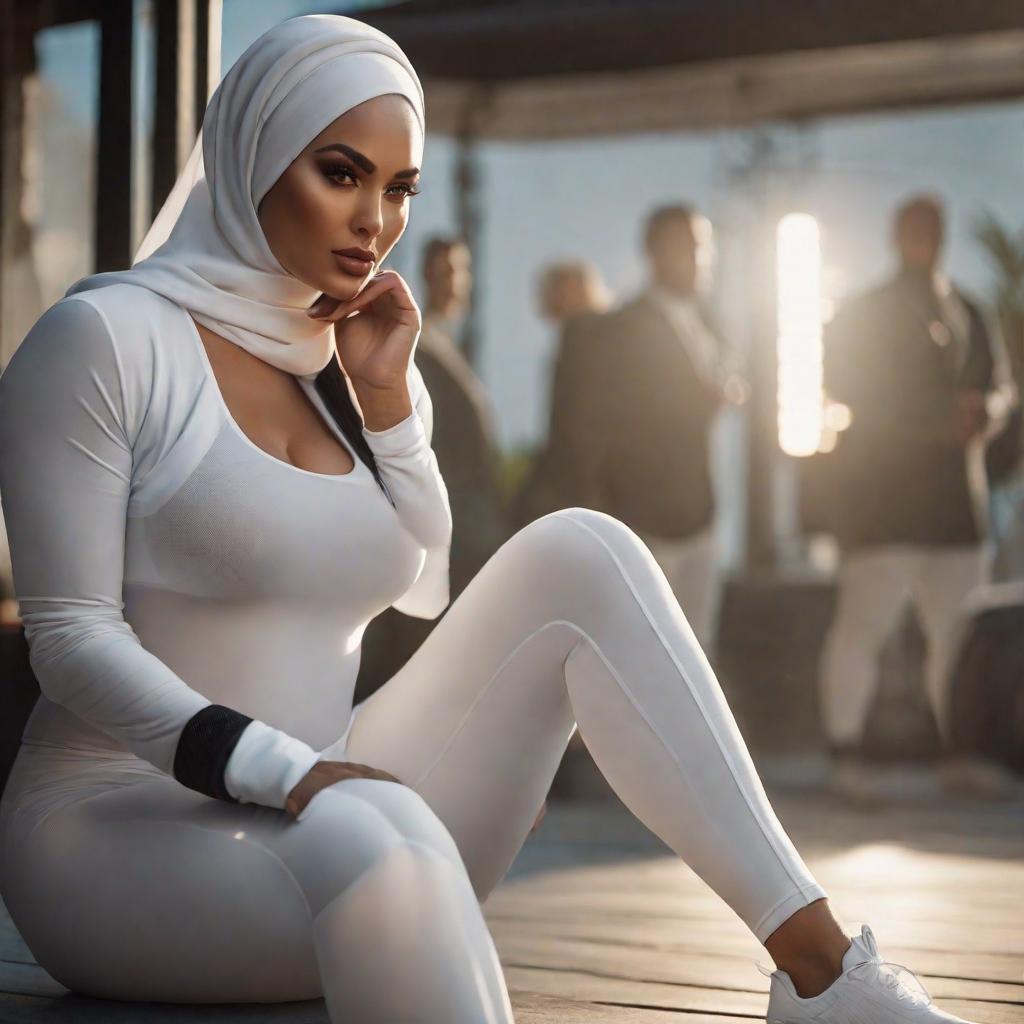  A fat pregnante women with very very very very large hips wearing hijab and very very tight sport clothes and white leggings hyperrealistic, full body, detailed clothing, highly detailed, cinematic lighting, stunningly beautiful, intricate, sharp focus, f/1. 8, 85mm, (centered image composition), (professionally color graded), ((bright soft diffused light)), volumetric fog, trending on instagram, trending on tumblr, HDR 4K, 8K