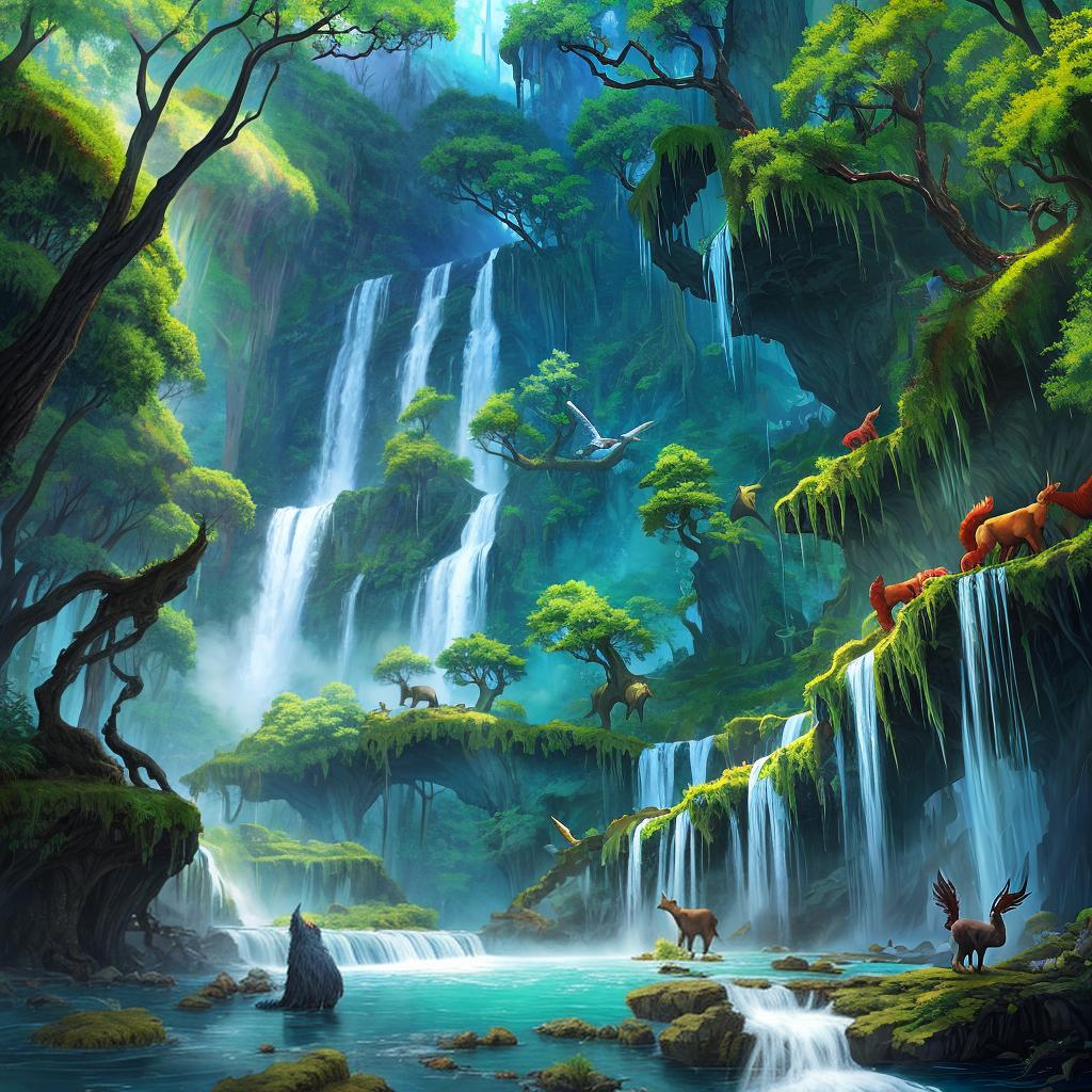  in a fantasy setting, Paint a surreal landscape where mythical beasts roam amidst cascading waterfalls.