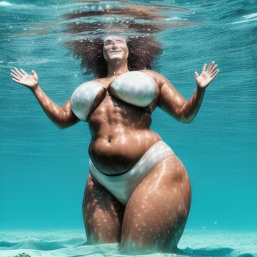  tanned woman with giant hips struggling underwater in full growth. she actively wave her arms