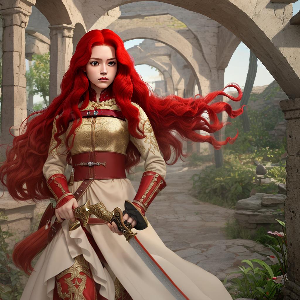  masterpiece, best quality, beutiful mexican beige skin lady with long red hair and a sword in her hands.and also red clothes. with a bit wavy hair.