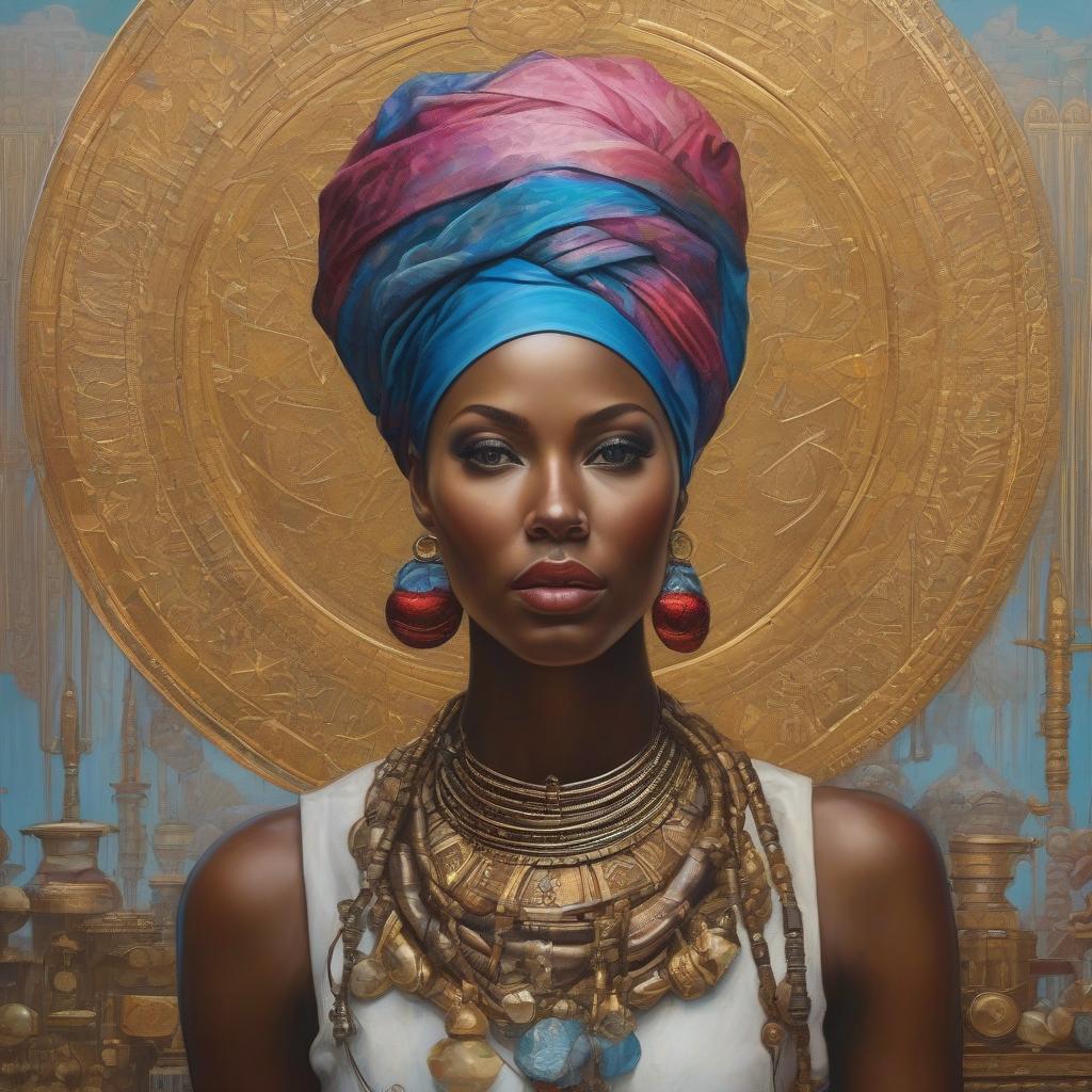  space themed Can you describe a portrait of an African girl in a brightly colored turban, painted in oil on canvas or cardboard? Please provide a detailed description of the facial features, clothing, and surroundings including colors and textures used in the painting? . cosmic, celestial, stars, galaxies, nebulas, planets, science fiction, highly detailed hyperrealistic, full body, detailed clothing, highly detailed, cinematic lighting, stunningly beautiful, intricate, sharp focus, f/1. 8, 85mm, (centered image composition), (professionally color graded), ((bright soft diffused light)), volumetric fog, trending on instagram, trending on tumblr, HDR 4K, 8K