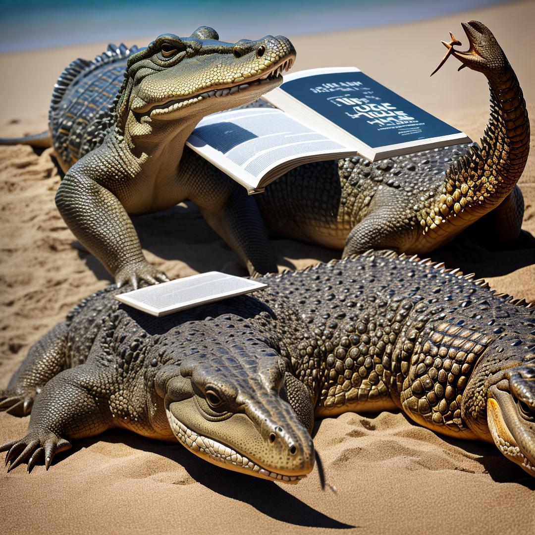  A crocodile is holding a book and reading it on a beach hyperrealistic, full body, detailed clothing, highly detailed, cinematic lighting, stunningly beautiful, intricate, sharp focus, f/1. 8, 85mm, (centered image composition), (professionally color graded), ((bright soft diffused light)), volumetric fog, trending on instagram, trending on tumblr, HDR 4K, 8K