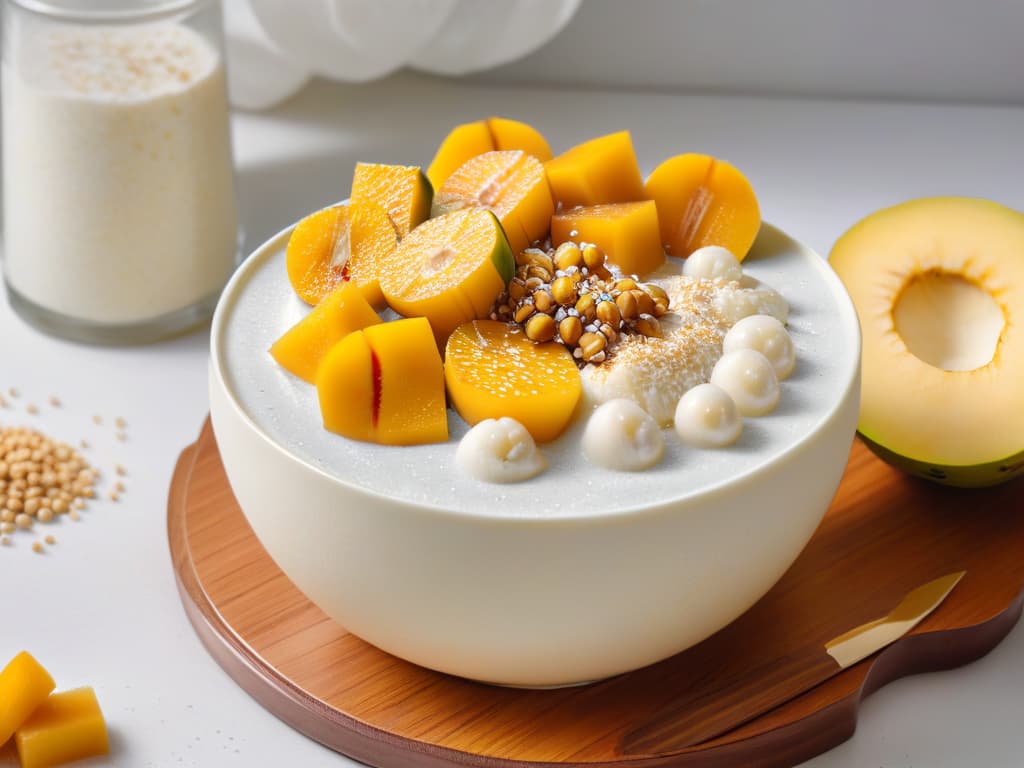  A closeup, ultradetailed image of a traditional Asian dessert bowl filled with creamy coconut milk, topped with perfectly cooked tapioca pearls, and garnished with vibrant slices of fresh mango and a sprinkle of toasted sesame seeds. The tapioca pearls are glossy and translucent, creating a visually appealing contrast against the white coconut milk, while the mango slices add a pop of color and freshness to the composition. The minimalist presentation highlights the beauty and textures of the ingredients, enticing the viewer to indulge in the sweet and exotic flavors of Asian tapioca desserts. hyperrealistic, full body, detailed clothing, highly detailed, cinematic lighting, stunningly beautiful, intricate, sharp focus, f/1. 8, 85mm, (centered image composition), (professionally color graded), ((bright soft diffused light)), volumetric fog, trending on instagram, trending on tumblr, HDR 4K, 8K