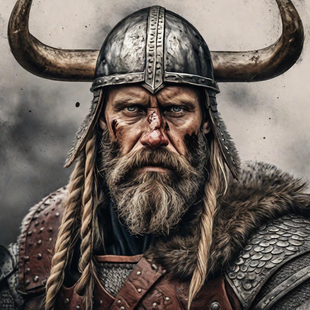  masterpiece, best quality, Best Quality, Masterpiece, 8k resolution,high resolution viking warrior head with horned helmet, weary from battle, tired and old, long beard, face dirty with mud and blood