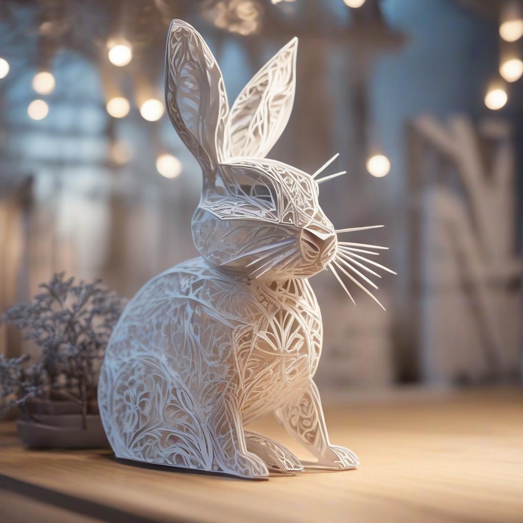  stacked papercut art of paper rabbit, rabbit cut out for Easter on plotter . 3D, layered, dimensional, depth, precision cut, stacked layers, papercut, high contrast hyperrealistic, full body, detailed clothing, highly detailed, cinematic lighting, stunningly beautiful, intricate, sharp focus, f/1. 8, 85mm, (centered image composition), (professionally color graded), ((bright soft diffused light)), volumetric fog, trending on instagram, trending on tumblr, HDR 4K, 8K