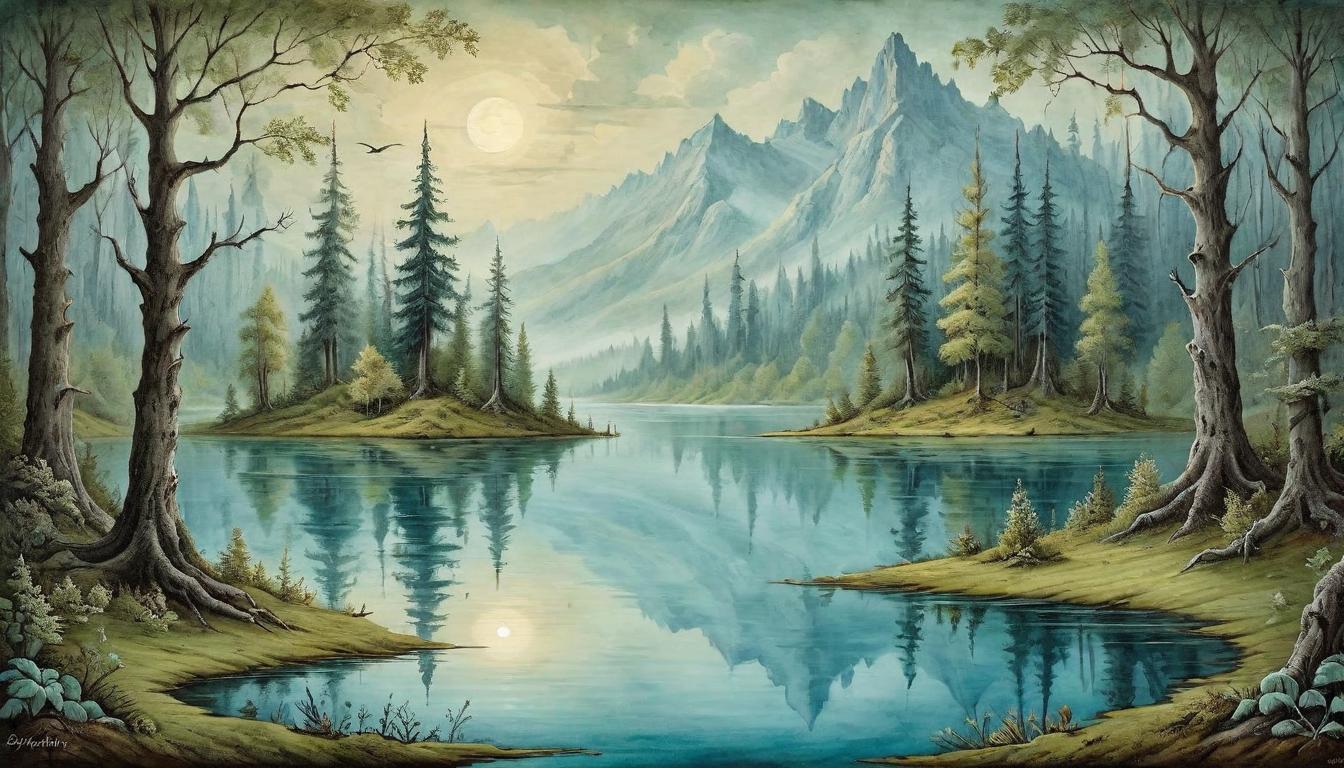  on parchment, surrealism+++, A clear, reflective lake surrounded by untouched forests, with each ripple telling tales of sincerity and depth, mirror to the soul, untouched nature, reflection of truth(mysterious, provocative, symbolic,muted color)+++