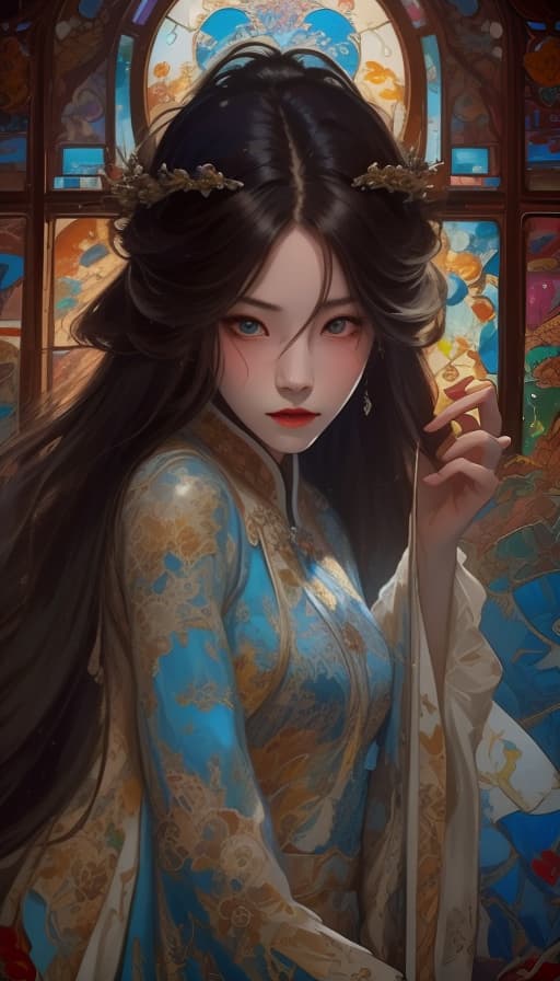  a woman in a long dress standing in front of a stained glass window, palace ， a girl in hanfu, ((a beautiful fantasy empress)), beautiful character painting, alice x. zhang, alphonse mucha and rossdraws, a beautiful fantasy empress, oriental art nouveau, jingna zhang, by Yang J, 8k high quality detailed art, inspired by Chen Yifei,award winning composition,high quality,masterpiece,extremely detailed,high res,4k,ultra high res,detailed shadow,ultra realistic,dramatic lighting,bright light