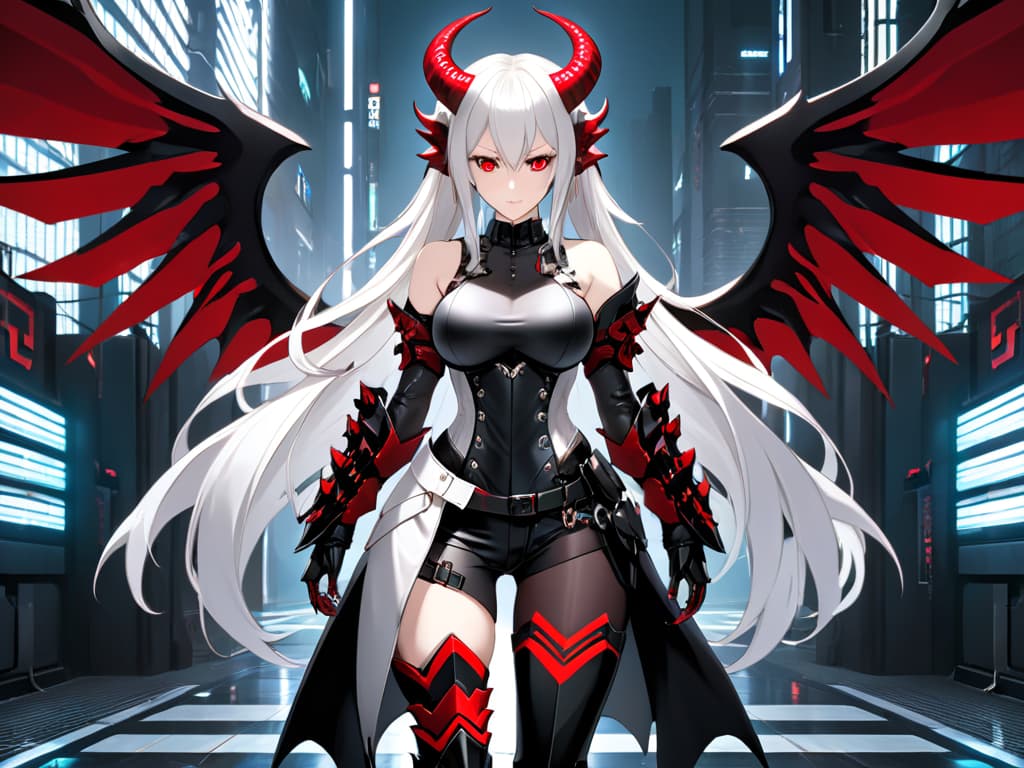  biomechanical cyberpunk,red_eyes,1girl,horns,white_hair,long_hair,large_breasts,,pointy_ears,standing,wings,rating:safe,looking_at_viewer,demon_girl,smile,gauntlets,,thighhighs,dark_persona,pale_skinfull_body,armored_boots,boots,tail,eyebrows_visible_through_hair,bangs,armor,bare_shoulders,multiple_views,slit_pupils,weapon,black_legwear,earrings,rating:questionable,tattoo,very_long_hair,high_heels,white_skin,revealing_clothesgreaves,,closed_mouth,head_wings,veins,hair_between_eyes,,,hand_on_hip,blood,twintails,bodysuit,areolae,grey_background,black_bodysuit,pubic_tattoo,demon_horns,huge_breasts,jewelry,holding,torn_clothes,black_panties,sidelocks,gloves,body_markings,ponytail,thigh_boots,solo,areol