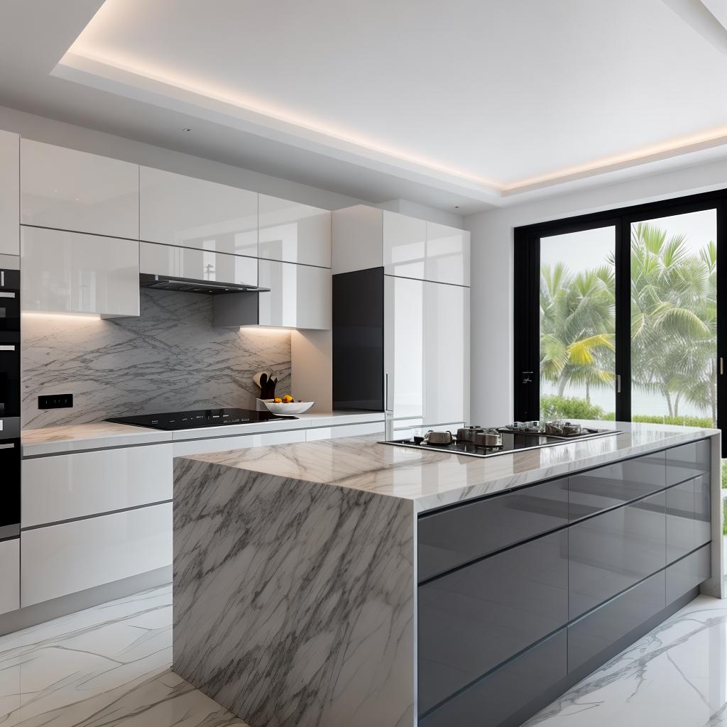  architecture photography "Modern kitchen in Palm Jumeirah apartment, monochromatic white and grey tones, marble island with induction cooktop, elegant extraction hood, wall mounted cabinets with concealed lighting, integrated high grade appliances, minimalist style, photo realistic quality." hyperrealistic, full body, detailed clothing, highly detailed, cinematic lighting, stunningly beautiful, intricate, sharp focus, f/1. 8, 85mm, (centered image composition), (professionally color graded), ((bright soft diffused light)), volumetric fog, trending on instagram, trending on tumblr, HDR 4K, 8K