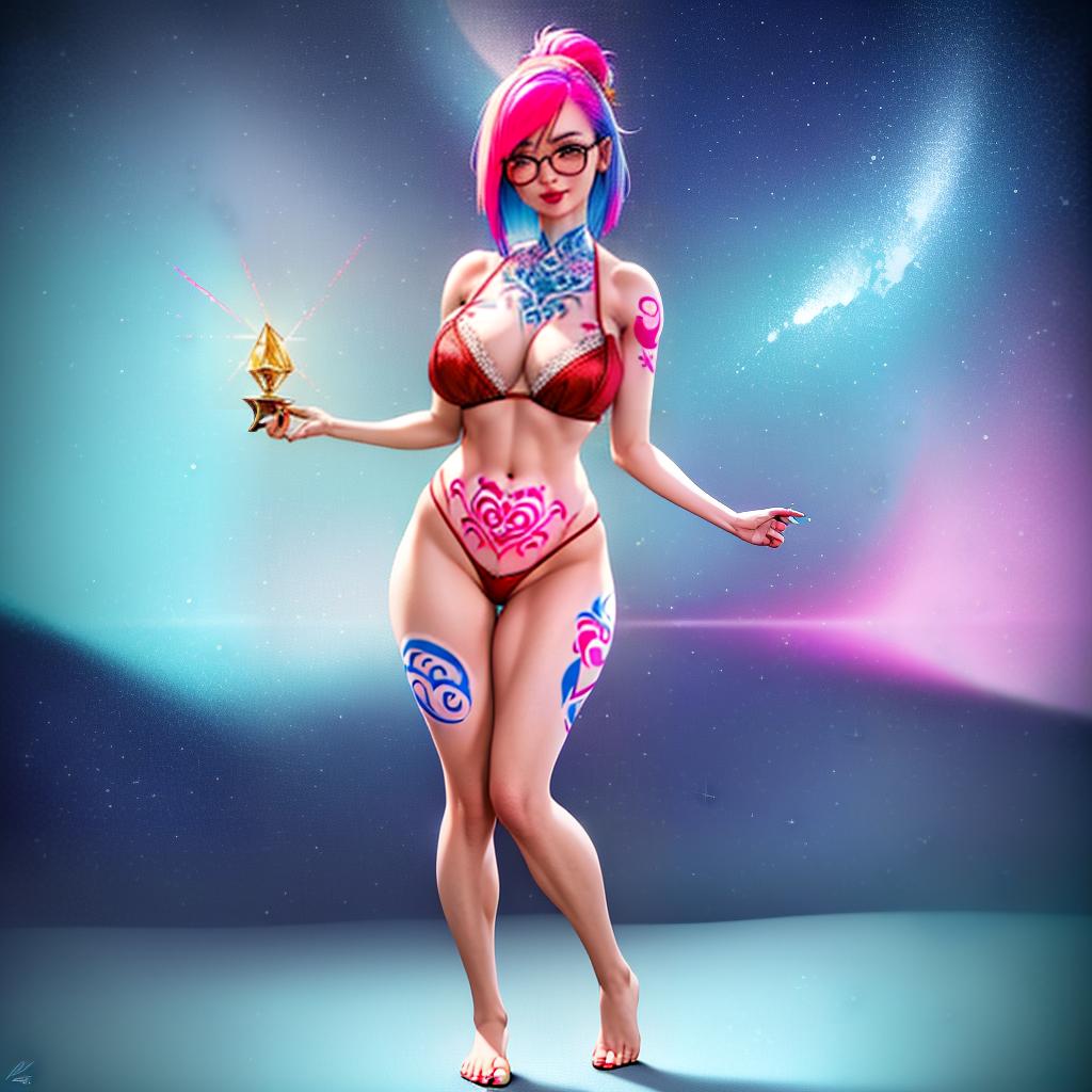  (full-body photo), a Thai woman standing in a snow covearea with crystal, smile, blue asymmetrical bob with pink hair highlighting, breasts, lipstick, (white+red bra and G-String:1.3), sky, optic glasses, tree, (colorful tattoos:1.35), starry sky, Christmas, crystal park, sexy pose, ((finely detailed face)), professional photoshoot, muse, perfect anatomy, perfectly shapely body, detailed background, perfect body parts, perfect proportions, hyper-realism, professional compositions, perfect lighting, masterpiece, award winning, 8k, best quality, hyperrealistic