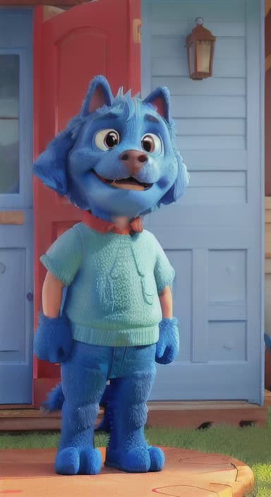  {Max the big blue dog standing in front of a cozy little house with a red door, The big blue dog is large with sky blue fur, big round eyes, a black nose, and floppy ears.