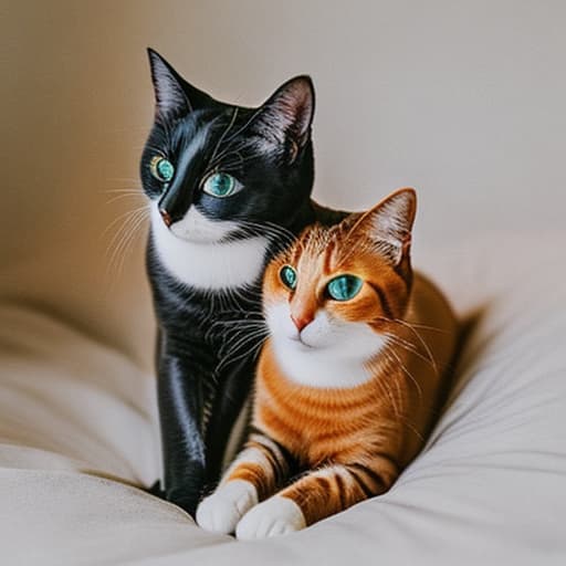 analog style Two cats, one white and the other grey them it's cute Cloudy hyperrealistic, full body, detailed clothing, highly detailed, cinematic lighting, stunningly beautiful, intricate, sharp focus, f/1. 8, 85mm, (centered image composition), (professionally color graded), ((bright soft diffused light)), volumetric fog, trending on instagram, trending on tumblr, HDR 4K, 8K