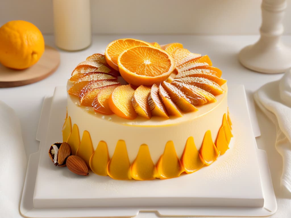  A closeup, highresolution image of a freshly baked orange and almond sponge cake on a sleek, white ceramic plate. The cake is goldenbrown with a glistening sugar glaze, topped with toasted almond slices and delicate orange zest. The background is softly blurred, emphasizing the cake's texture and inviting presentation. hyperrealistic, full body, detailed clothing, highly detailed, cinematic lighting, stunningly beautiful, intricate, sharp focus, f/1. 8, 85mm, (centered image composition), (professionally color graded), ((bright soft diffused light)), volumetric fog, trending on instagram, trending on tumblr, HDR 4K, 8K