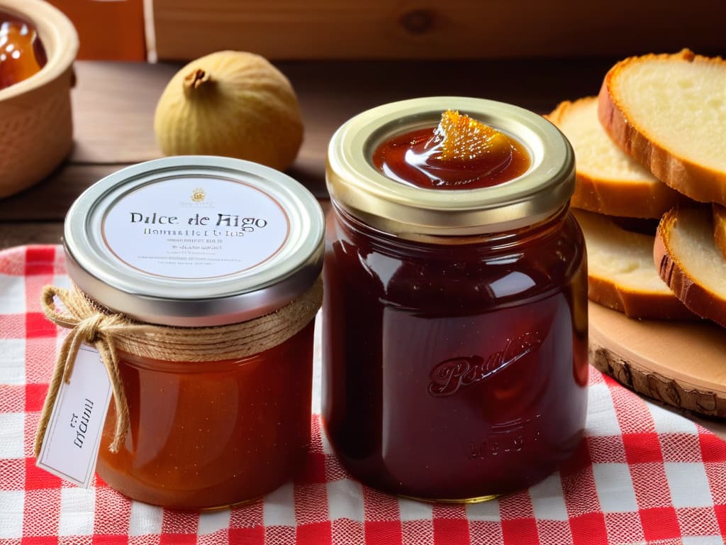  A closeup, ultradetailed image of a small glass jar filled with homemade dulce de higos, showcasing the rich, caramellike texture of the fig preserves. The jam is glistening under soft natural light, highlighting the deep amber color and the specks of vanilla seeds scattered throughout. The glass jar is elegantly simple, with a rustic twine tied around the lid and a small handwritten label that reads "Dulce de Higos Casero". This image exudes warmth, craftsmanship, and the inviting essence of a homemade autumn delicacy. hyperrealistic, full body, detailed clothing, highly detailed, cinematic lighting, stunningly beautiful, intricate, sharp focus, f/1. 8, 85mm, (centered image composition), (professionally color graded), ((bright soft diffused light)), volumetric fog, trending on instagram, trending on tumblr, HDR 4K, 8K