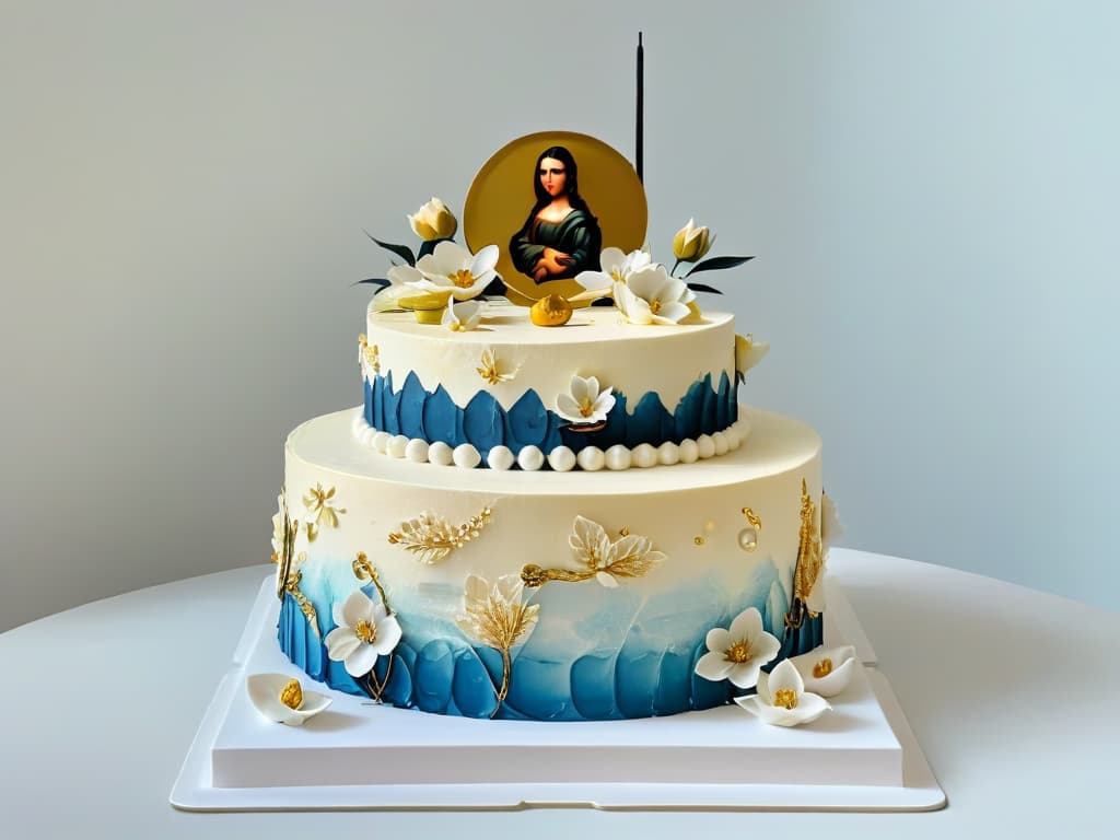  A luxurious threetiered cake decorated with intricate edible gold leaf detailing, delicate sugar flowers in the style of Renaissance paintings, and miniature edible sculptures resembling famous artworks like the Mona Lisa and The Birth of Venus. The cake sits on a sleek, modern cake stand against a clean, white background, highlighting its exquisite craftsmanship and artistry. hyperrealistic, full body, detailed clothing, highly detailed, cinematic lighting, stunningly beautiful, intricate, sharp focus, f/1. 8, 85mm, (centered image composition), (professionally color graded), ((bright soft diffused light)), volumetric fog, trending on instagram, trending on tumblr, HDR 4K, 8K