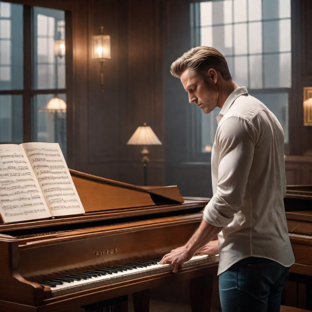  A white American man named Kevin Holden who is a Taurus playing the piano in a music room filled with musical instruments and sheet music. Kevin is focused and passionate about his performance, showcasing his love for music. hyperrealistic, full body, detailed clothing, highly detailed, cinematic lighting, stunningly beautiful, intricate, sharp focus, f/1. 8, 85mm, (centered image composition), (professionally color graded), ((bright soft diffused light)), volumetric fog, trending on instagram, trending on tumblr, HDR 4K, 8K