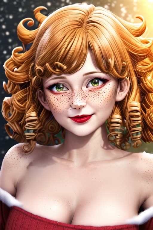 (realistic 3d anime,ultra realistic,photorealistic)),<lora:xl_more_art-full1:2,best quality,masterpiece,ultra high resolution,(photorealistic:1.2),((1 old woman)),short hair,((curly hair:1.6)),orange hair,green eyes,freckles,slim body,(look detailed:1.5),8k,shiny skin,posing for a picture,christmas clothing,make up,christmas red,low-cut bluse,low-cut,christmas background,smile red lips,sweet expression,hd,orange hair,winter,pose,golden hour,(messy curly hair1.5),high detailed,high anatomy