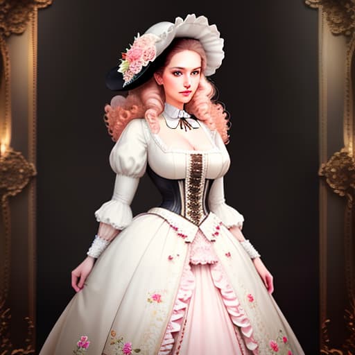  18 century, beautiful, vint flowers, lovely pink white flowers, with hat, 5 old year, hair, white dress, oil painting, charming rustic, vintage feel to it, variety of colorful blooms of all varieties, curls, graphic, drawing, old paper, rococo style, vintage design, vintage, mysterious light, black background, trending on artstation, sharp focus, studio photo, intricate details, highly detailed hyperrealistic, full body, detailed clothing, highly detailed, cinematic lighting, stunningly beautiful, intricate, sharp focus, f/1. 8, 85mm, (centered image composition), (professionally color graded), ((bright soft diffused light)), volumetric fog, trending on instagram, trending on tumblr, HDR 4K, 8K