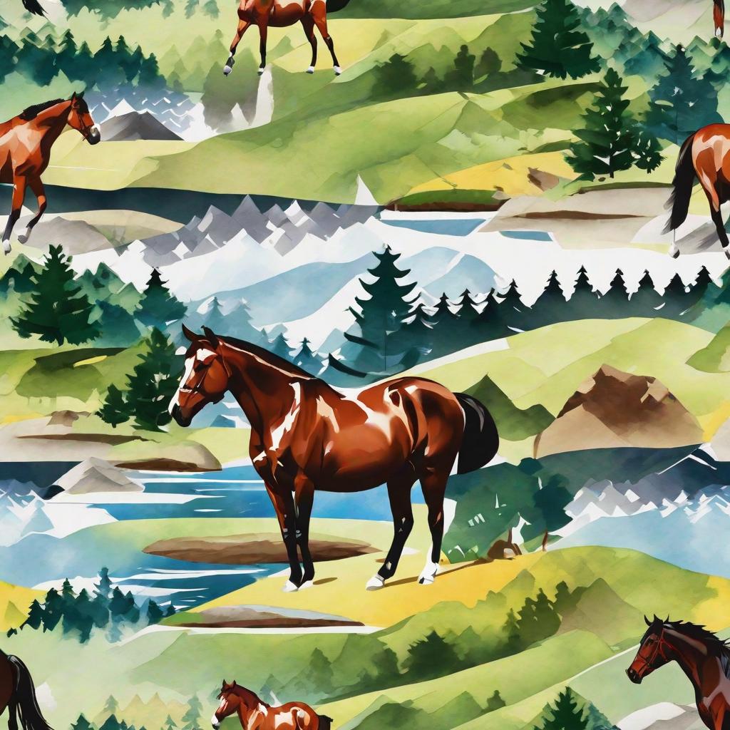  masterpiece, best quality,In a quiet mountain stream, colored horses roam freely in groups