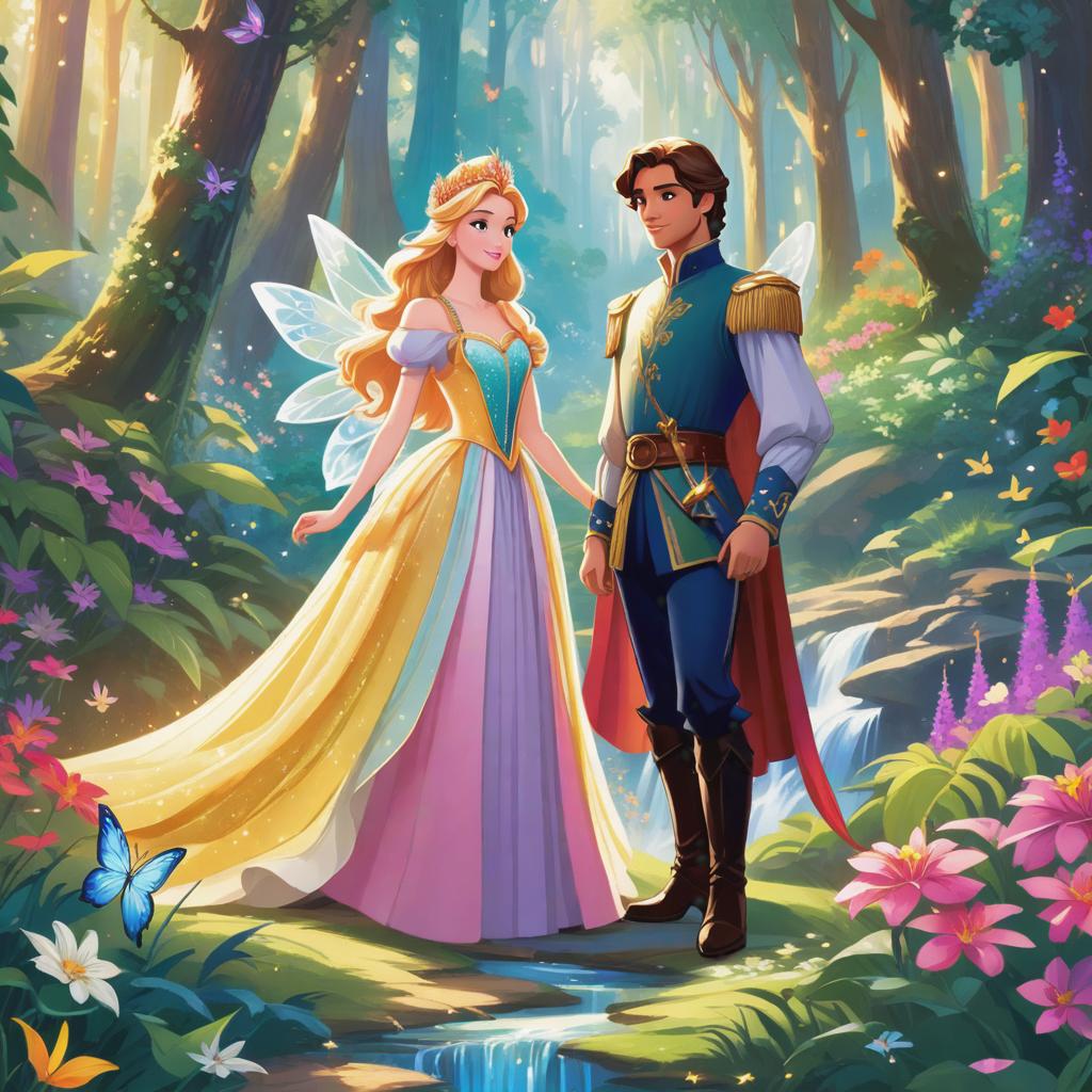  Image style: 'Dizney Ani Style'. Ilration style: The ilration style is vint and colorful, with a touch of whimsy and fantasy. Character: The prince and the fairy are seen standing together, looking determined and ready for an adventure. Place: They are in a magical forest, surrounded by tall trees, colorful flowers, and sparkling streams. Action: The prince and the fairy are holding hands, as if they are about to embark on a journey. Sch Bubble: "Let's stop the evil sorcerer and save the ren's stories!" Object Decoration: There are floating books and pages from ren's stories scattered around the scene. Facial expression: The prince has a determined and courageous expressio hyperrealistic, full body, detailed clothing, highly detailed, cinem hyperrealistic, full body, detailed clothing, highly detailed, cinematic lighting, stunningly beautiful, intricate, sharp focus, f/1. 8, 85mm, (centered image composition), (professionally color graded), ((bright soft diffused light)), volumetric fog, trending on instagram, trending on tumblr, HDR 4K, 8K