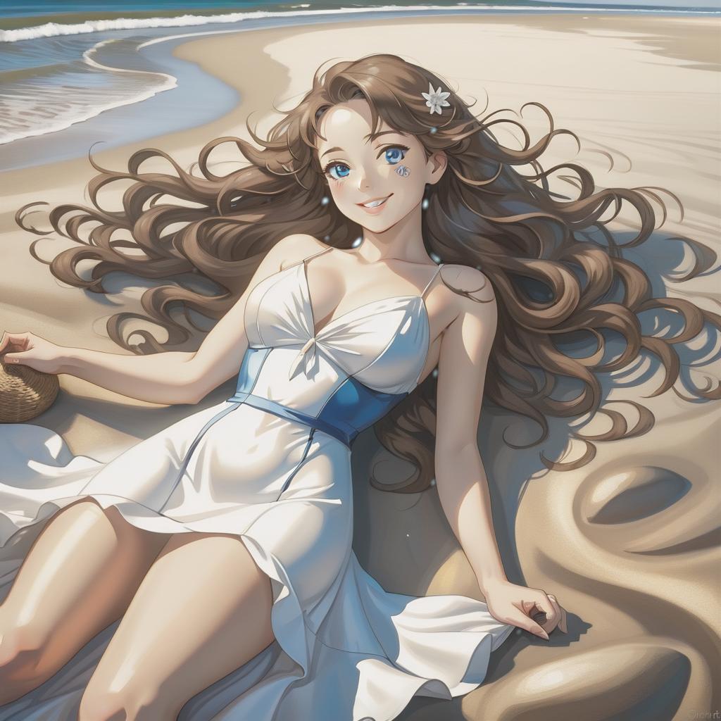  A naturist, A full length shot of a gorgeous woman, a beautiful face, in a white tight fitting dress,long brown wavy hair, blue eyes, lying down, smiling. hyperrealistic, full body, detailed clothing, highly detailed, cinematic lighting, stunningly beautiful, intricate, sharp focus, f/1. 8, 85mm, (centered image composition), (professionally color graded), ((bright soft diffused light)), volumetric fog, trending on instagram, trending on tumblr, HDR 4K, 8K