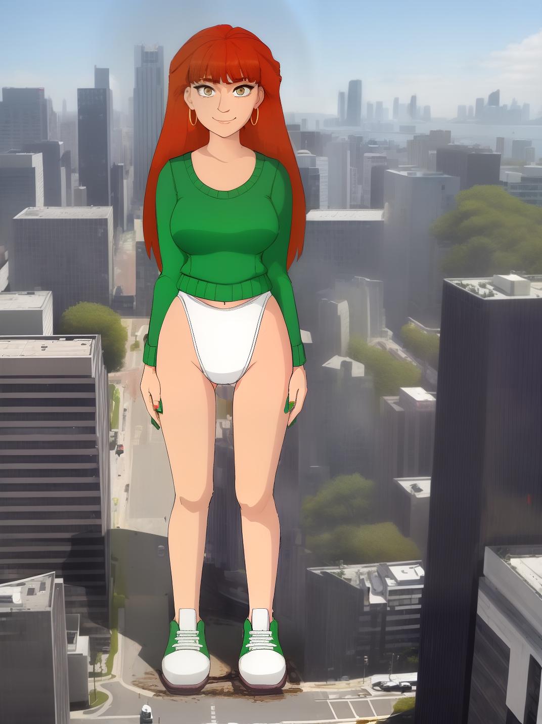  masterpiece, best quality, full body, aerial view, golden eyes, looking down, arched eyebrows, smirk, standing, cracks on ground, 1girl,(mega giantess girl:1.5), ((green solid color sweater,white high cut leg panties)), sneakers, hoop earrings, long red hair, city, buildings, Best Quality, Masterpiece, 8k resolution