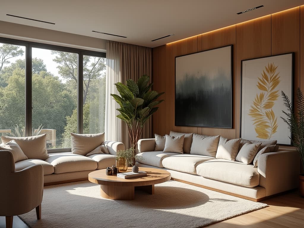  this unedited 8k photograph captures a living room, designed in a contemporary style defined by the latest trends, clean lines, and a balance of harmony with densely arranged furnishings and decorations. the image is a hyperrealistic masterpiece, showcasing a stunningly beautiful and intricate view of a gathering space meant for relaxation and entertainment. it features a highly detailed, photorealistic portrayal, professionally color graded with bright, soft, diffused light. this raw, in frame work reflects the pinnacle of professional photography, offering an immersive, highly detailed visual experience.