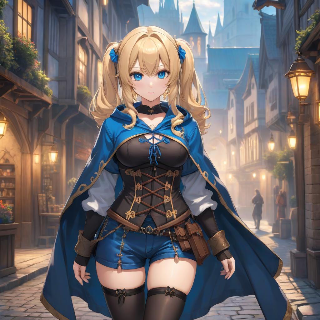  anime artwork a young woman, with blond hair, a hairstyle with two ponytails, medieval clothes style, in black shorts, blue corset, black hoody cloak, with thigh straps, 2d, anime, extremely hyper detailed clothing, (extremely hyper detailed face), (masterpiece:1.4), (perfect eyes:1.1), (deep eyes), curvy body, medieval fantasy . anime style, key visual, vibrant, studio anime, highly detailed hyperrealistic, full body, detailed clothing, highly detailed, cinematic lighting, stunningly beautiful, intricate, sharp focus, f/1. 8, 85mm, (centered image composition), (professionally color graded), ((bright soft diffused light)), volumetric fog, trending on instagram, trending on tumblr, HDR 4K, 8K