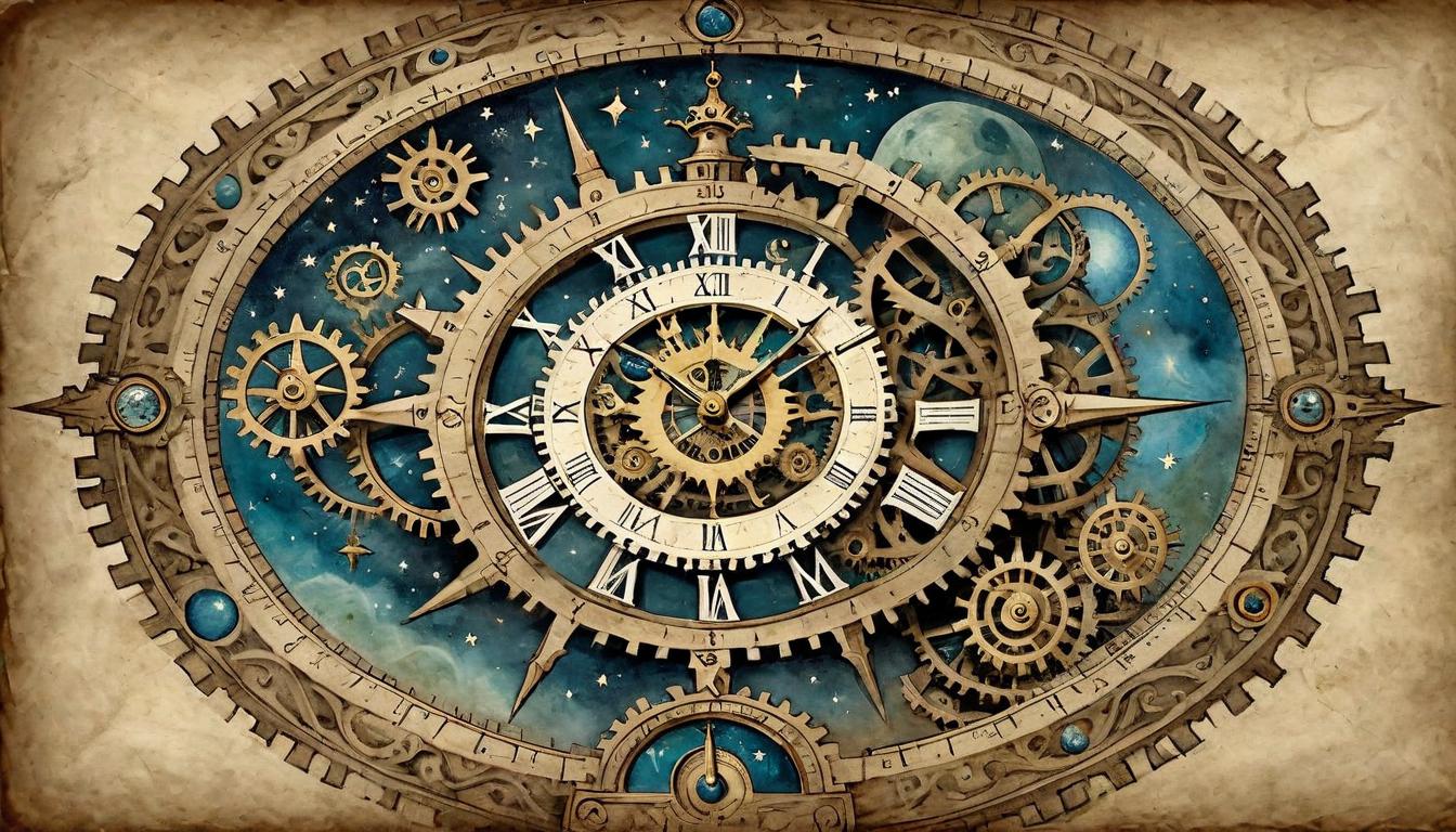  on parchment, surrealism+++, A celestial clock with open eyes in the center, stars moving through the gears, watchful, significant(mysterious, provocative, symbolic,muted color)+++