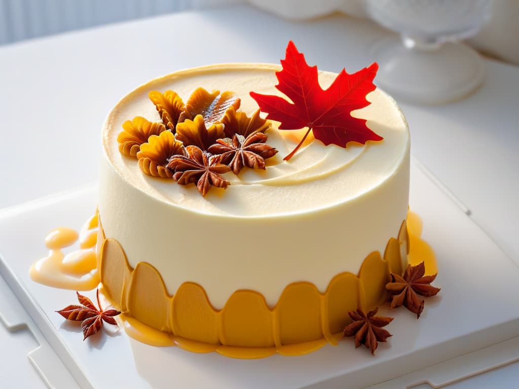  A highresolution, minimalist image of a beautifully plated Canadian dessert showcasing intricate layers of mapleinfused sponge cake, creamy buttercream frosting, and a drizzle of rich maple syrup, garnished with a single red maple leaf delicately placed on top. The dessert is presented on a sleek, modern white plate against a clean, neutral background, highlighting the elegance and sophistication of Canadian pastry craftsmanship. hyperrealistic, full body, detailed clothing, highly detailed, cinematic lighting, stunningly beautiful, intricate, sharp focus, f/1. 8, 85mm, (centered image composition), (professionally color graded), ((bright soft diffused light)), volumetric fog, trending on instagram, trending on tumblr, HDR 4K, 8K