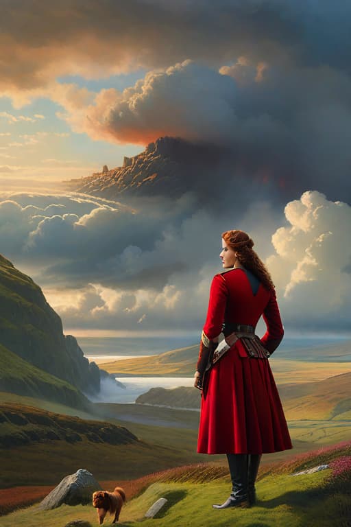  the movie poster for the movie, outlander, a matte painting Jules Breton, american realism, matte drawing. masterpiece, matte painting portrait shot, film still from 'thor' As if painted by maxfield Parrish Artwork as created by Storm Thorgerson closeup headshot of two very beautiful you’re the one that ng lady’s with pretty faces in Scottish plaid dresses stand on the moor with a dog watching a fierce battle a matte painting Michael Ancher, german romanticism, an american romanticism painting, cinematic framing rule of thirds, matte drawing. surreal, dreamlike, pop surreal Culloden battle in the clouds above a large mural of the British army wearing red coats hyperrealistic, full body, detailed clothing, highly detailed, cinematic lighting, stunningly beautiful, intricate, sharp focus, f/1. 8, 85mm, (centered image composition), (professionally color graded), ((bright soft diffused light)), volumetric fog, trending on instagram, trending on tumblr, HDR 4K, 8K