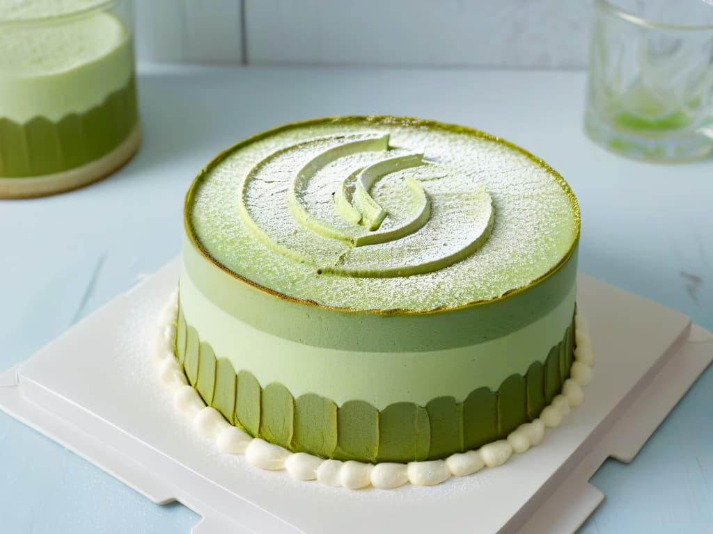  A highresolution closeup image of a beautifully crafted vegan matcha tiramisu, showcasing delicate layers of green matchainfused sponge cake, creamy dairyfree mascarpone, and a dusting of vibrant matcha powder on top. The dessert is elegantly presented on a modern, minimalist plate with a sprig of fresh mint as garnish, set against a simple, clean background to emphasize the intricate details and exquisite textures of this globally inspired vegan dessert masterpiece. hyperrealistic, full body, detailed clothing, highly detailed, cinematic lighting, stunningly beautiful, intricate, sharp focus, f/1. 8, 85mm, (centered image composition), (professionally color graded), ((bright soft diffused light)), volumetric fog, trending on instagram, trending on tumblr, HDR 4K, 8K