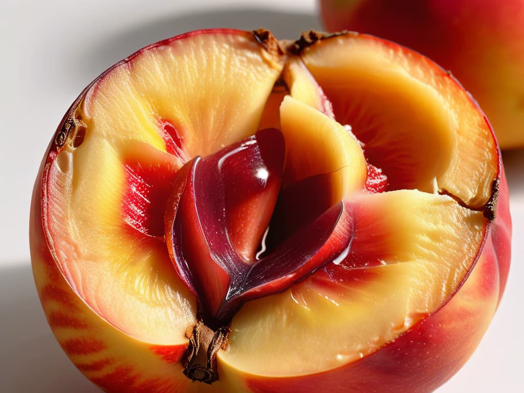  A closeup, ultradetailed image of a perfectly ripe, juicy peach sliced in half, showcasing the intricate patterns of the flesh, glistening with natural juices, against a simple, white background. The vibrant colors and textures of the fruit are so vivid that viewers can almost taste the sweetness, evoking a sense of freshness and natural goodness. hyperrealistic, full body, detailed clothing, highly detailed, cinematic lighting, stunningly beautiful, intricate, sharp focus, f/1. 8, 85mm, (centered image composition), (professionally color graded), ((bright soft diffused light)), volumetric fog, trending on instagram, trending on tumblr, HDR 4K, 8K