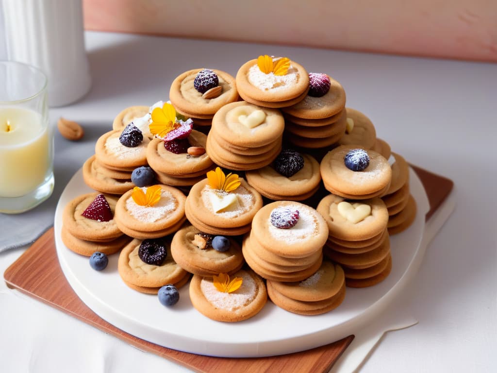  A highresolution image of a beautifully arranged assortment of freshly baked vegan and organic cookies on a simple, elegant white ceramic plate. Each cookie is intricately decorated with colorful, natural toppings like dried fruits, nuts, and edible flowers, showcasing a variety of shapes and textures that appeal to the senses. The background is a soft, blurred pastel palette that enhances the visual appeal of the cookies, making them appear even more enticing and delicious. hyperrealistic, full body, detailed clothing, highly detailed, cinematic lighting, stunningly beautiful, intricate, sharp focus, f/1. 8, 85mm, (centered image composition), (professionally color graded), ((bright soft diffused light)), volumetric fog, trending on instagram, trending on tumblr, HDR 4K, 8K