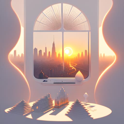 in OliDisco style Futuristic style. Deck of cards over white table. Sunset through a window with a city view. White and soft tones.