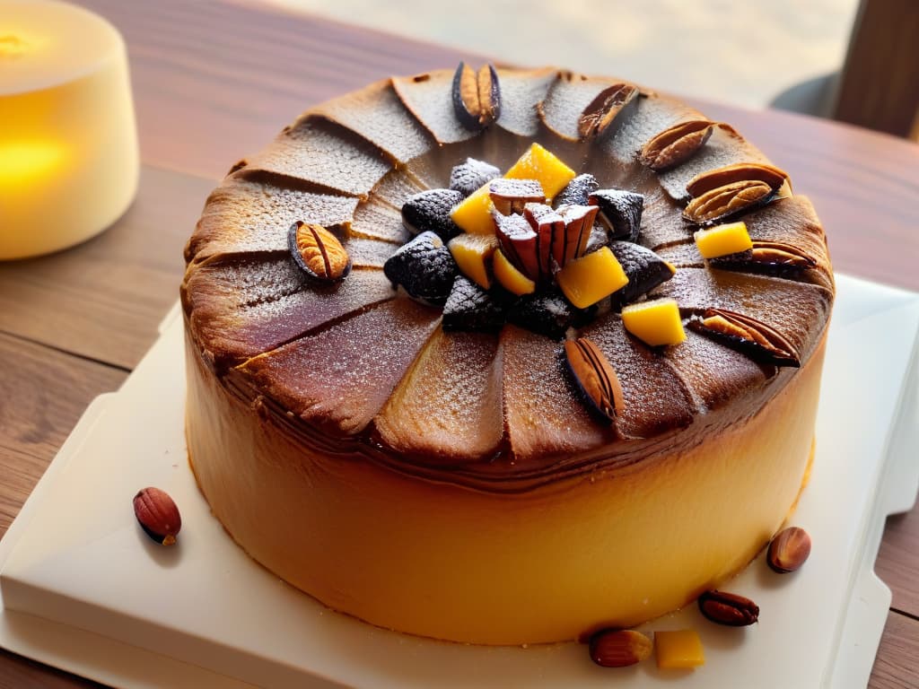  A highly detailed closeup image of a freshly baked Bolo del Rei in Mozambique, showcasing the intricate golden crust studded with colorful dried fruits and nuts. The light hits the cake just right, highlighting its texture and making the glaze glisten, evoking a sense of warmth and tradition. The background is blurred to keep the focus solely on the delicious details of this cultural delicacy. hyperrealistic, full body, detailed clothing, highly detailed, cinematic lighting, stunningly beautiful, intricate, sharp focus, f/1. 8, 85mm, (centered image composition), (professionally color graded), ((bright soft diffused light)), volumetric fog, trending on instagram, trending on tumblr, HDR 4K, 8K