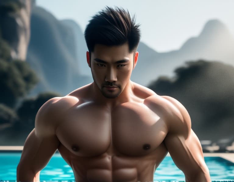  health, muscle, freedom, Chinese beautiful boy, swimming， body，chest hair hyperrealistic, full body, detailed clothing, highly detailed, cinematic lighting, stunningly beautiful, intricate, sharp focus, f/1. 8, 85mm, (centered image composition), (professionally color graded), ((bright soft diffused light)), volumetric fog, trending on instagram, trending on tumblr, HDR 4K, 8K
