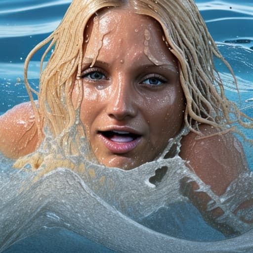  tanned blonde woman's face is in the water she's sinking and drowning she's panic a lot of water waves and splashes around her