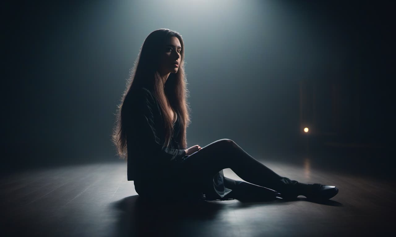  A long haired girl is sitting alone on the floor in half darkness. hyperrealistic, full body, detailed clothing, highly detailed, cinematic lighting, stunningly beautiful, intricate, sharp focus, f/1. 8, 85mm, (centered image composition), (professionally color graded), ((bright soft diffused light)), volumetric fog, trending on instagram, trending on tumblr, HDR 4K, 8K