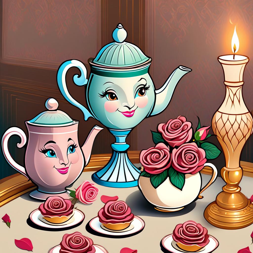  ethereal fantasy concept art of (Background:interior). (Wallpaper):dark chocolate colour with beige monogram patterns. An antique dining table covered with a white tablecloth. On the table a gilded candlestick with a burning candle, two teapots and one cup with tea roses, plates with sponge cakes with raspberry cream. Rose petals are scattered around the set. (Tea set design): the first teapot on a high openwork leg of mint and turquoise colour, with a kind smile and blue eyes, with a blue blue wide checkerboard lid. The second teapot is pink in colour, with mother of pearl, blue eyes, with a blue pink checkered lid. (Rose cup): cream coloured with big brown eyes and a wide smile. Inside it is a bouquet of scarlet coloured tea roses. Style hyperrealistic, full body, detailed clothing, highly detailed, cinematic lighting, stunningly beautiful, intricate, sharp focus, f/1. 8, 85mm, (centered image composition), (professionally color graded), ((bright soft diffused light)), volumetric fog, trending on instagram, trending on tumblr, HDR 4K, 8K