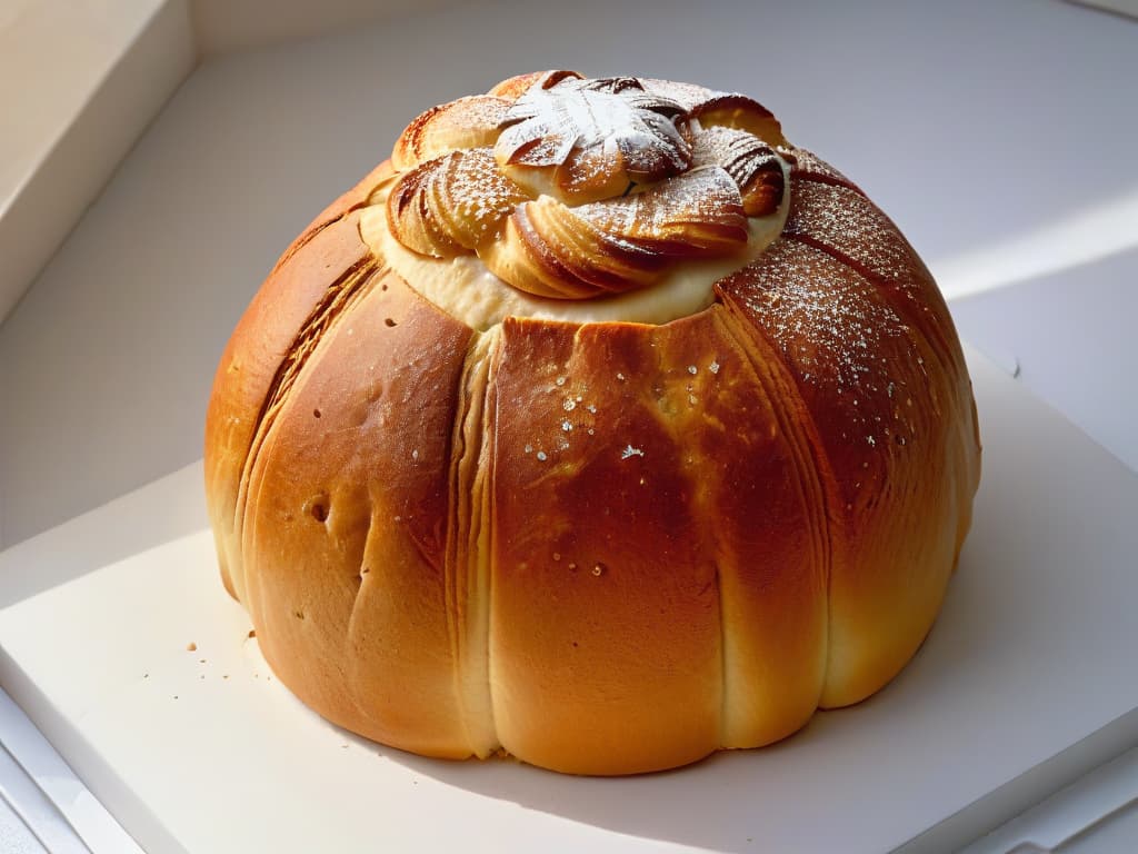  A closeup, ultradetailed image of a freshly baked concha, a traditional Mexican sweet bread, with a perfectly goldenbrown crust adorned with a delicate, symmetrical pattern of sugar on top. The texture of the bread is visible, showing the soft, fluffy interior contrasting with the slightly crunchy exterior. The lighting highlights the details, casting soft shadows that enhance the minimalistic aesthetic of the image. hyperrealistic, full body, detailed clothing, highly detailed, cinematic lighting, stunningly beautiful, intricate, sharp focus, f/1. 8, 85mm, (centered image composition), (professionally color graded), ((bright soft diffused light)), volumetric fog, trending on instagram, trending on tumblr, HDR 4K, 8K