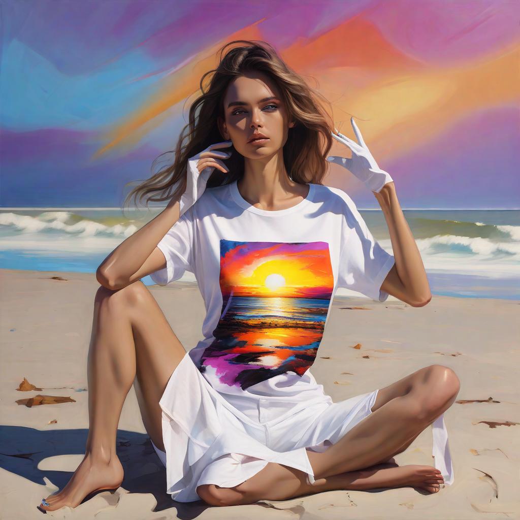  abstract artwork, Crazy sunset and model sitting on the beach with white on down shirt open