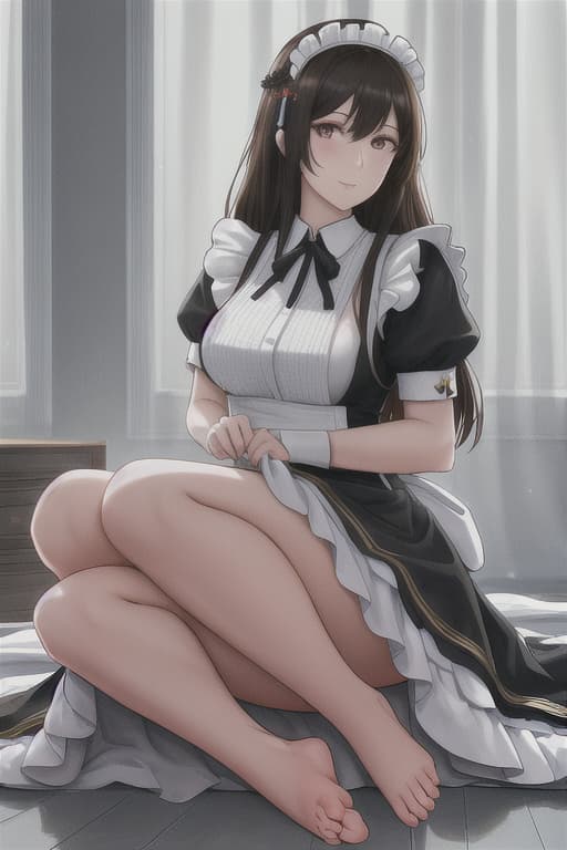  (score 9,score 8 up,score 7 up,),1girl,solo,maid,maid headdress,looking at viewer,apron,brown hair,indoors,black hair,bare foot,feet focus,two feet hyperrealistic, full body, detailed clothing, highly detailed, cinematic lighting, stunningly beautiful, intricate, sharp focus, f/1. 8, 85mm, (centered image composition), (professionally color graded), ((bright soft diffused light)), volumetric fog, trending on instagram, trending on tumblr, HDR 4K, 8K