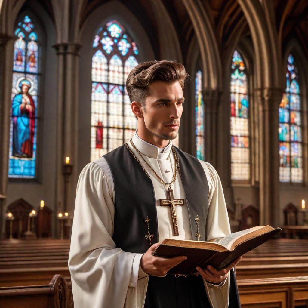  A young preacher in the early 1900s inside a church, wearing period-appropriate attire with a Bible in one hand. He is giving a passionate sermon and wearing a cross necklace, with stained glass windows in the background reflecting the morning light. hyperrealistic, full body, detailed clothing, highly detailed, cinematic lighting, stunningly beautiful, intricate, sharp focus, f/1. 8, 85mm, (centered image composition), (professionally color graded), ((bright soft diffused light)), volumetric fog, trending on instagram, trending on tumblr, HDR 4K, 8K