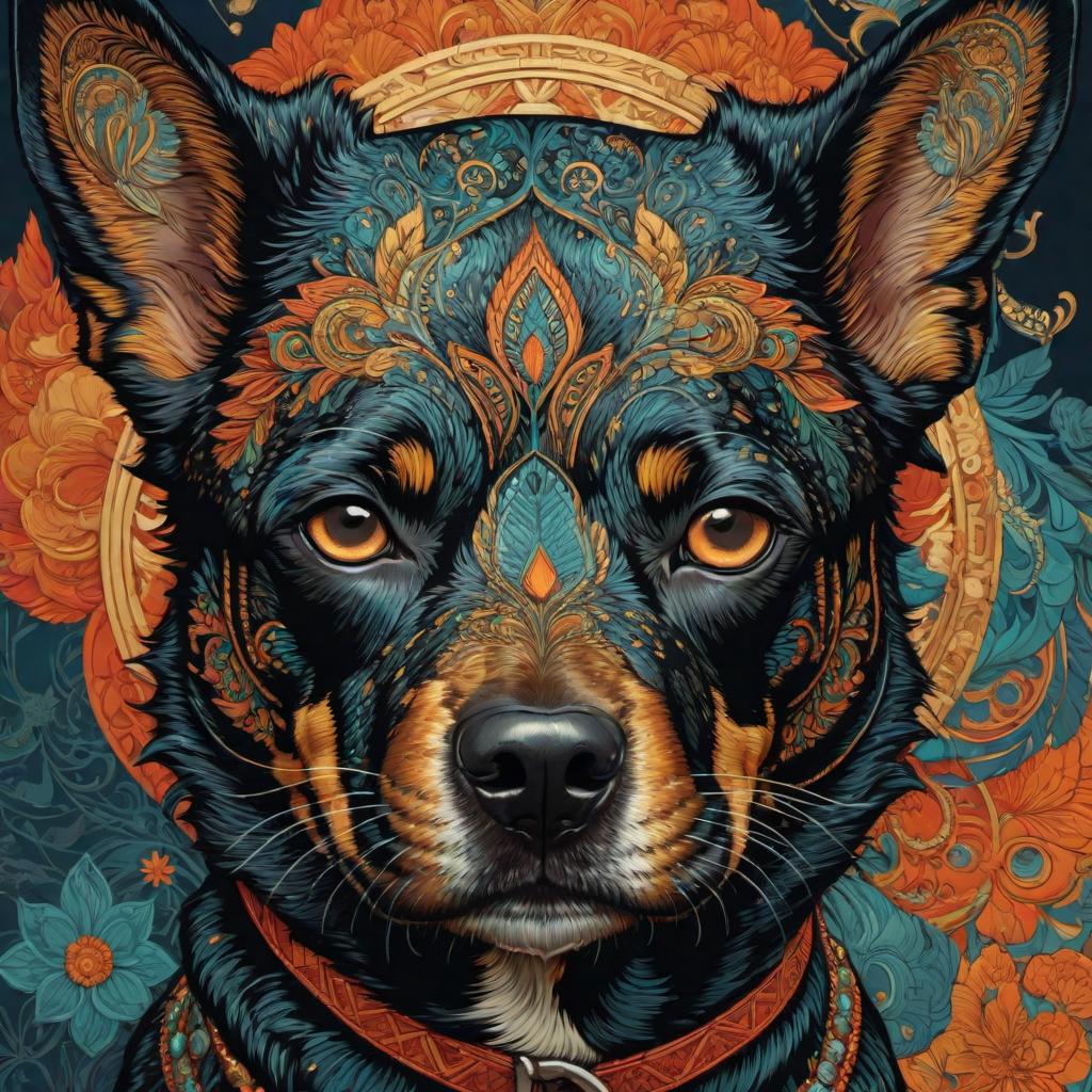  illustration, symmetry!! face portrait of jalil dog, artstation winner by Victo Ngai, Kilian Eng and by Jake Parker, vibrant colors, winning-award masterpiece, fantastically gaudy, aesthetic octane render, 8K HD Resolution, 8k, highly detailed, high quality