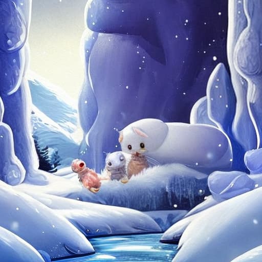  Highly detailed painting of cute furry white baby seals cuddled up inside snowy fantasy ice crystal cavern