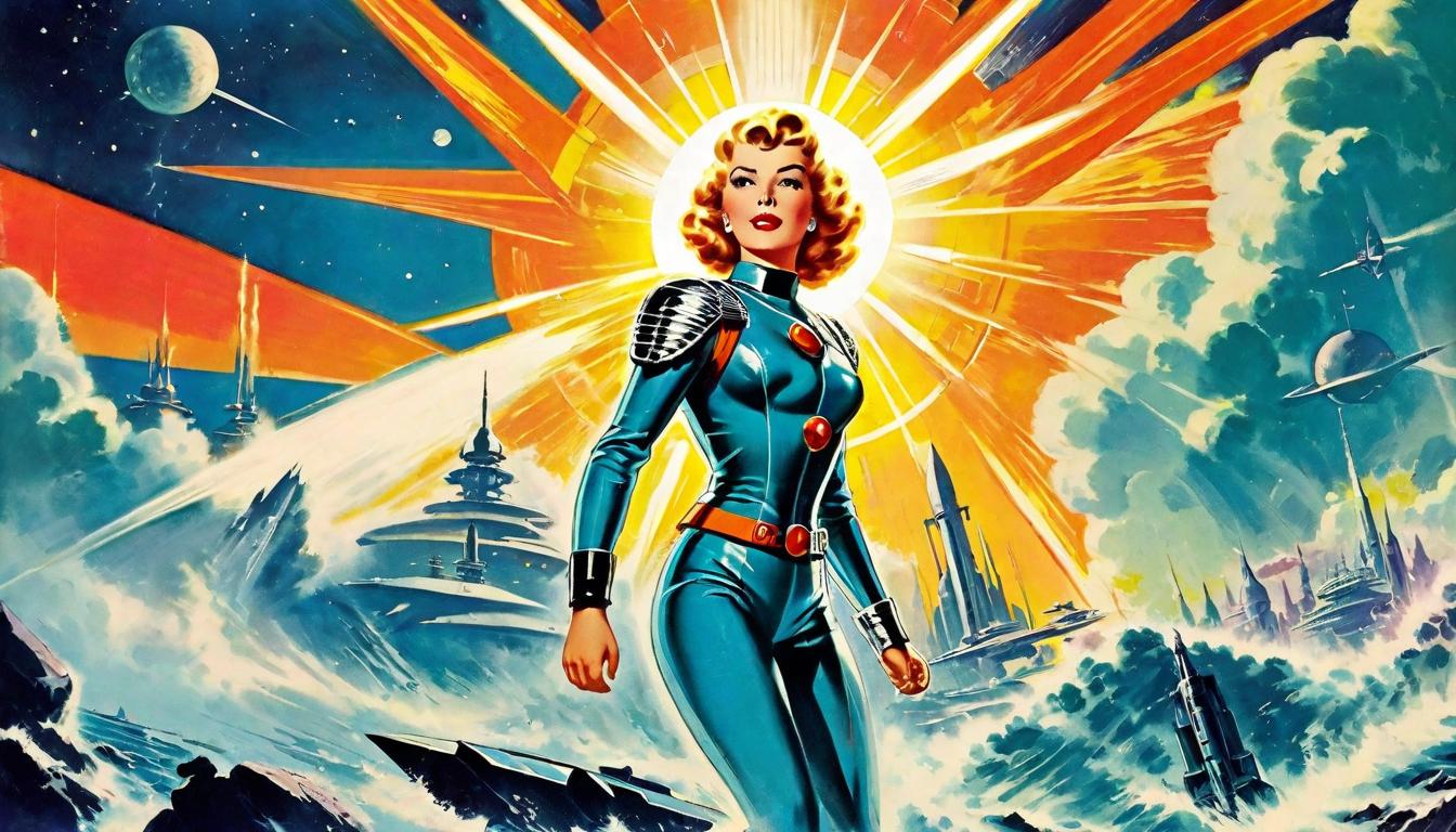  retro futuristic heroic figure overcoming challenges, fear vanquished, radiant light, divine reclaiming, empowerment lvintage sci fi, 50s and 60s style, atomic age, vibrant, highly detailed