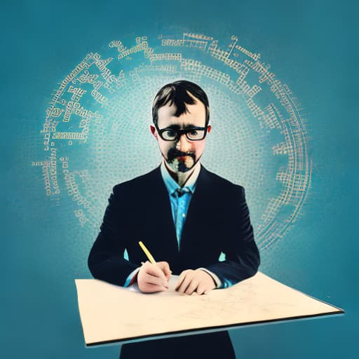 dublex style man wearing glasses, sitting and drawing motion on the paper, half colored drawingon the paper, thinking about work, clogs and gears inside, puzzle pieces